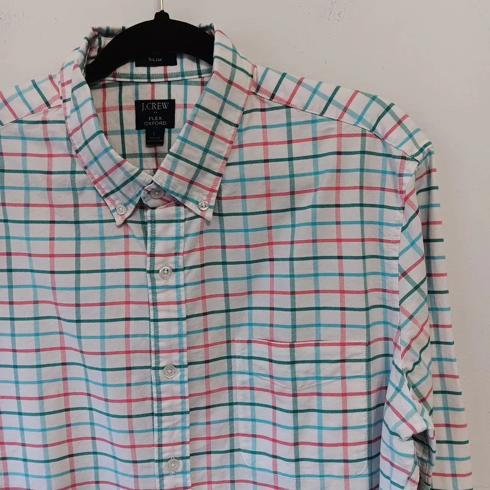 J.Crew Flex Oxford Shirt‎ L  Slim Fit Men's White Red Green Plaid Button Down